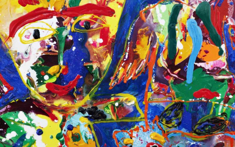 Abstract painting in blue, yellow and green